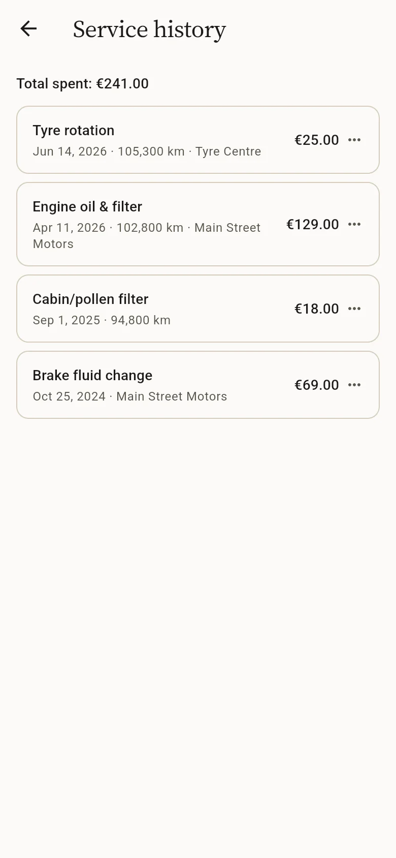 A list of logged services with dates, odometer readings and costs